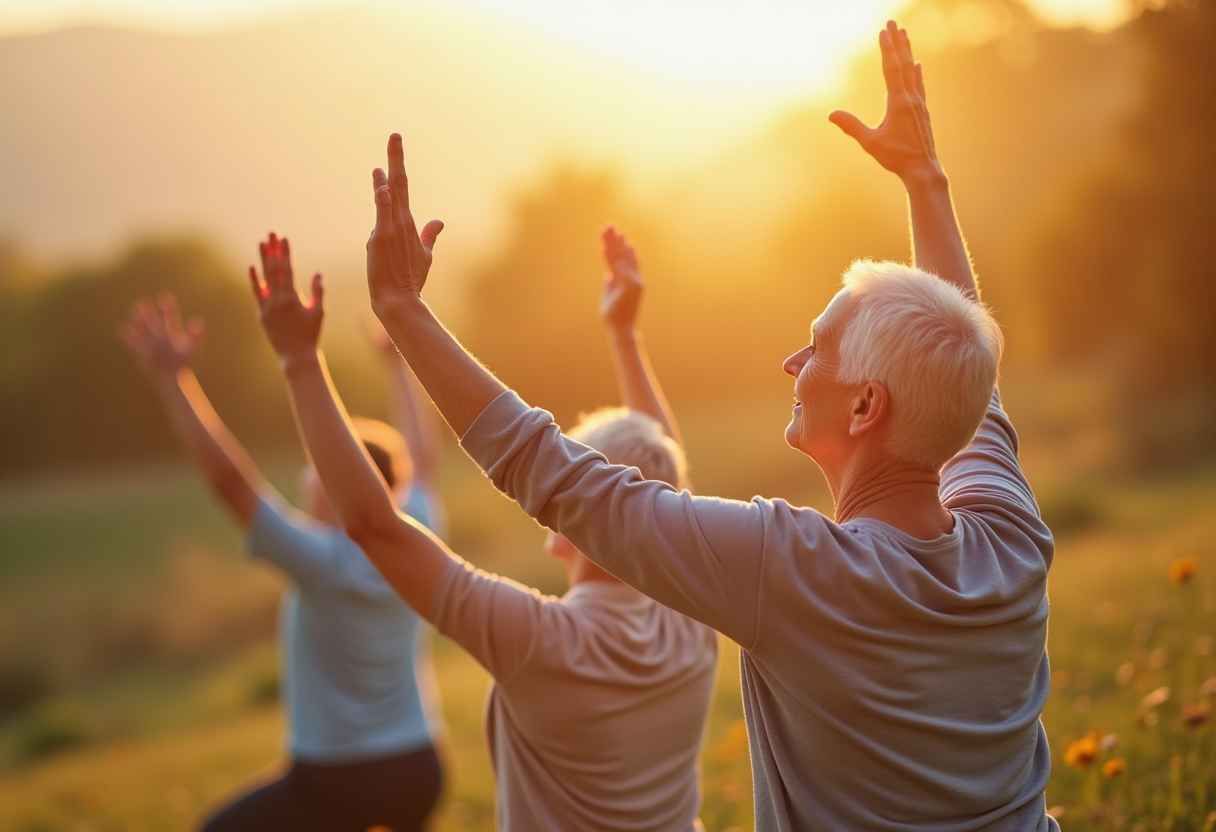Група людей зрілого віку займається йогою на природі
